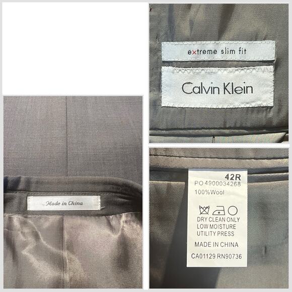 Calvin Klein Mens 42R 34x29 Extreme Slim Taupe Gray 2 Piece Suit Modern - Picture 16 of 16